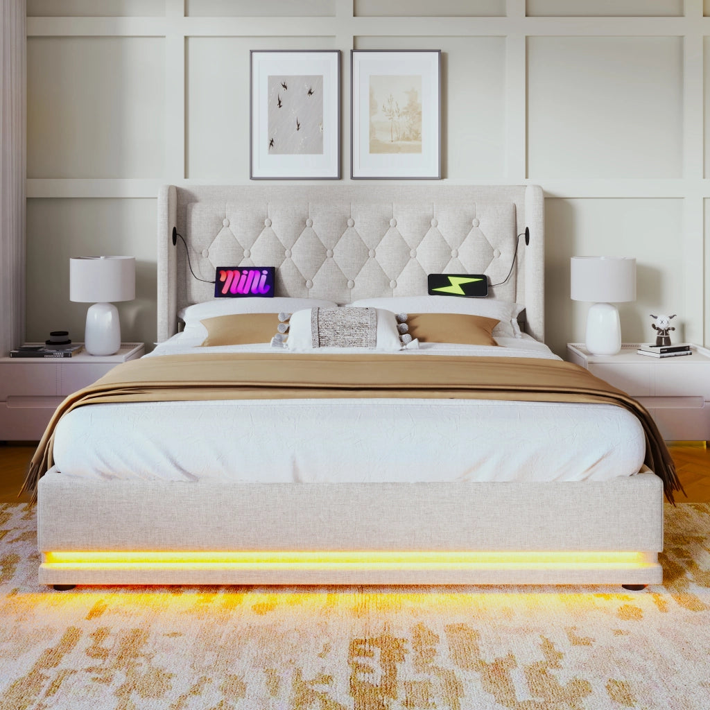 Letti contenitori 140x200 cm con contenitore; USB Type-C e LED; cotone beige (Senza materasso)