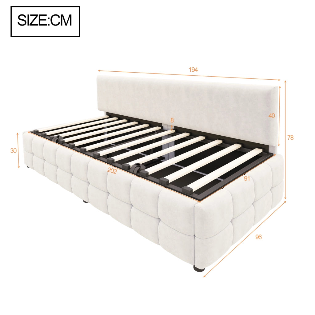 Letto imbottito singolo 90x200 cm con contenitore idraulico, schienale senza braccioli, velluto beige