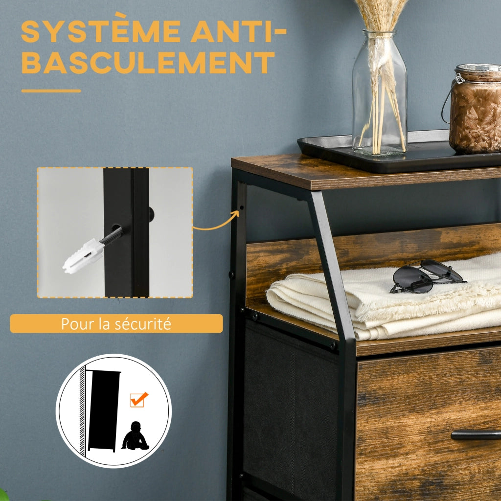 Com¨° con 3 Cassetti in Tessuto e 2 Ripiani Stile Industriale ¨C Zephmum ¨C Legno e Metallo 44x29x92