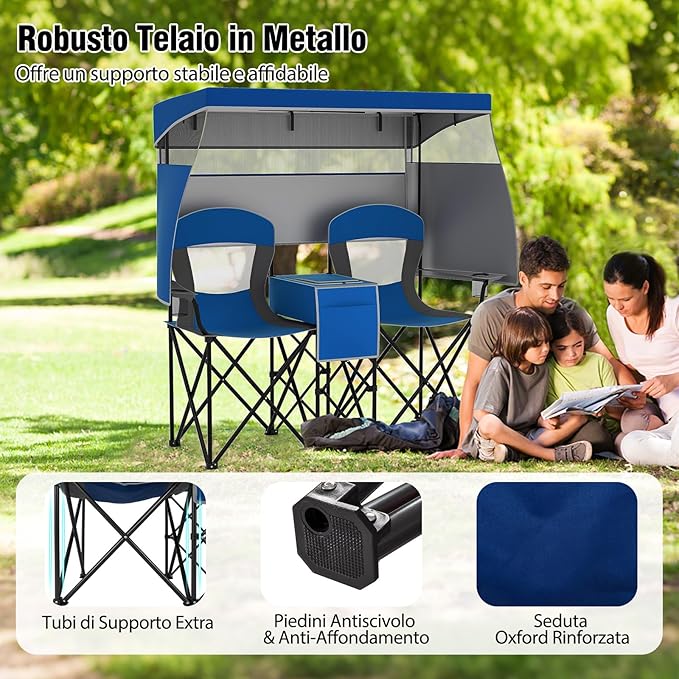 Sedia Spiaggia a Doppio, Sedia da Campeggio con Tettoia Regolabile, Poltrona Loveseat per 2 Persone, con Borsa da Trasporto, Borsa Termica, per Giardino Picnic, Portata 300 kg (Blu)
