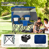 Sedia Spiaggia a Doppio, Sedia da Campeggio con Tettoia Regolabile, Poltrona Loveseat per 2 Persone, con Borsa da Trasporto, Borsa Termica, per Giardino Picnic, Portata 300 kg (Blu)