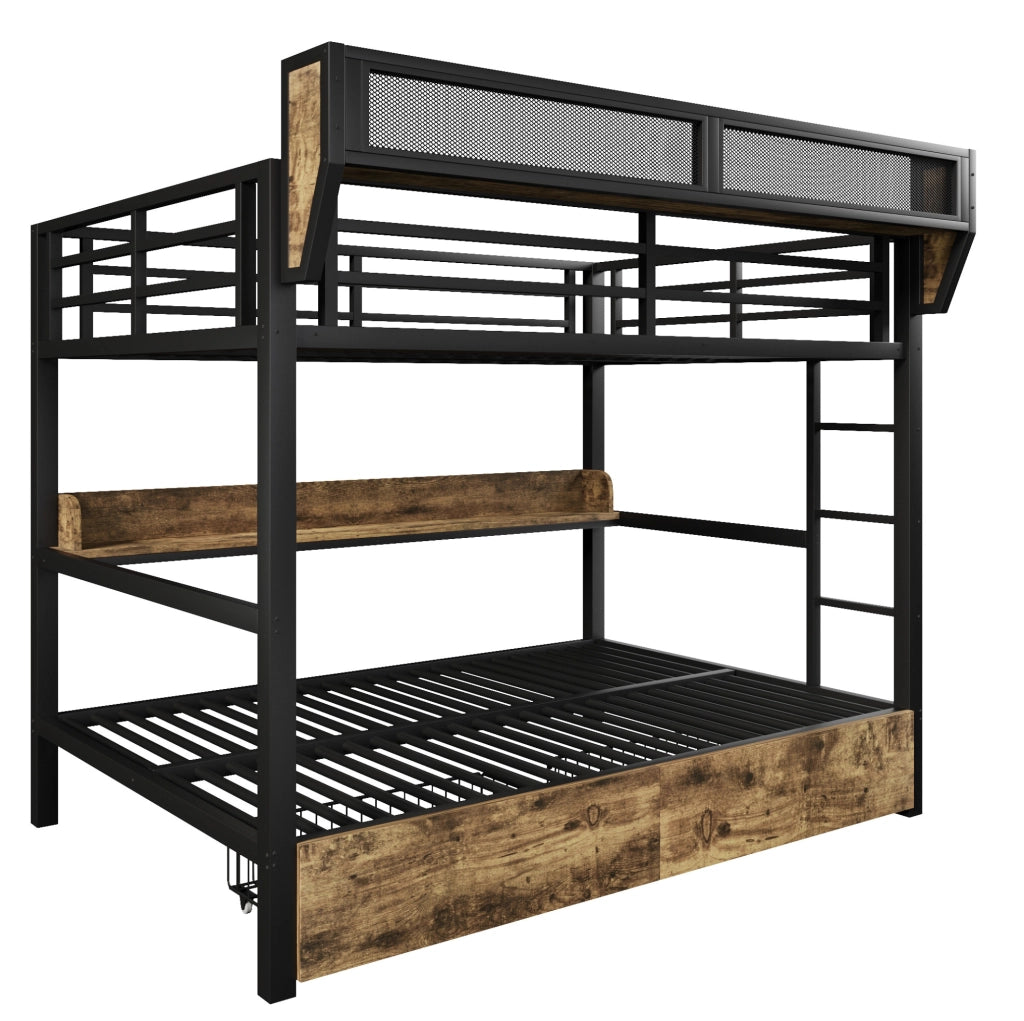 Letto a castello 204x163x176.5 cm con LED; cassetti e ripiano in MDF e metallo nero