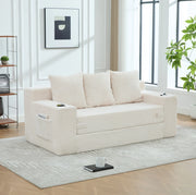 Divano modulare ULEVR 172x87x64 cm a 2 posti, con portabevande e tasche laterali, velluto a coste beige
