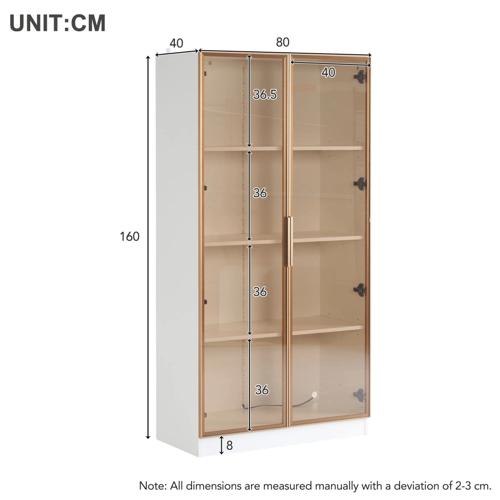 Vetrina con 2 ante; ripiani regolabili e LED - per soggiorno - in truciolare - 80×40×160 cm - bianco