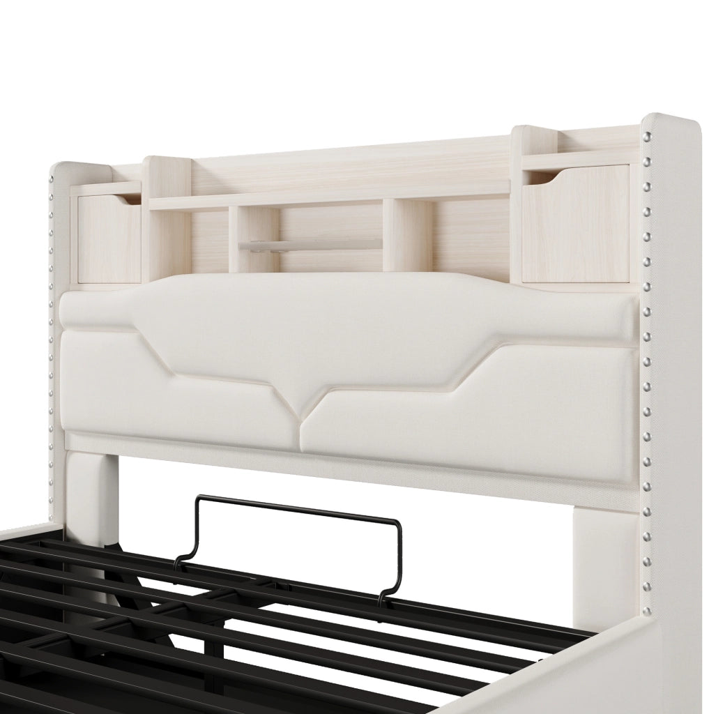 Letto imbottito 140x200 cm beige con contenitore idraulico, LED, USB e Type-C