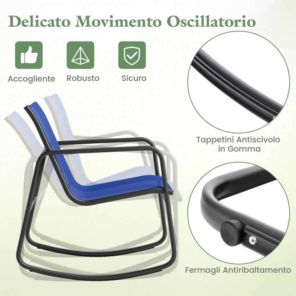 Set Bistrò 3 Pezzi, Sedie a Dondolo Ergonomiche in Textilene, Tavolino in Vetro Temperato, Struttura in Metallo, per Balcone, Giardino e Terrazzo (Blu)