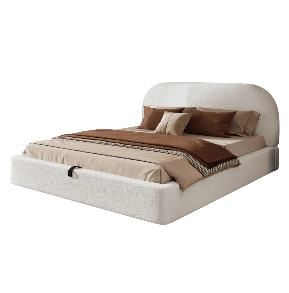 Letto imbottito 160x200 cm con contenitore idraulico e testiera bouclé beige