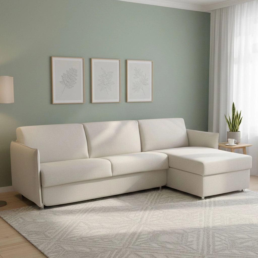 Scordia, Divano Letto con Penisola Sfoderabile Made in Italy, 260x160 cm Beige