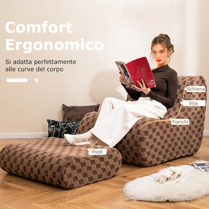 Sedia a Sacco con Pouf, Divano in Spugna ad Alta Elasticità, Fondo Antiscivolo e Copertura in Velluto Lavabile, Comoda Poltrona Pigra per Soggiorno Camera da Letto Sala Lettura (Marrone)