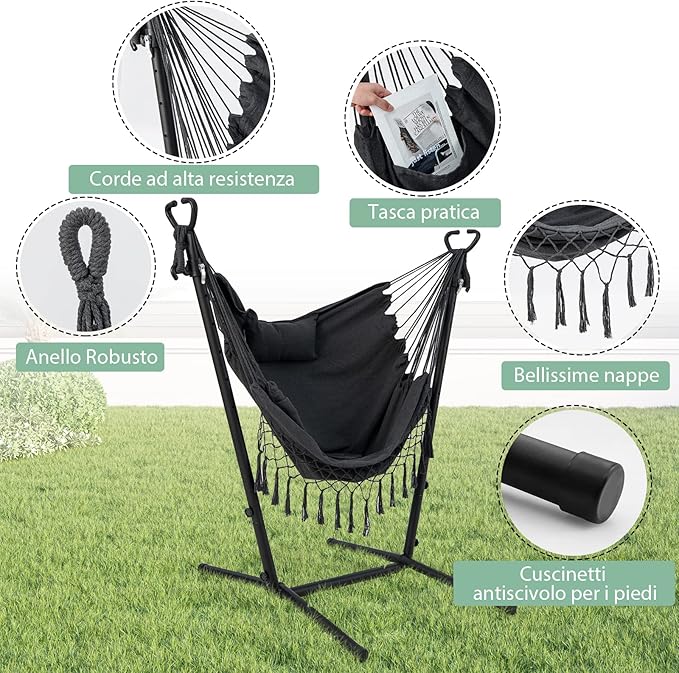 Sedia Amaca Sospesa con Supporto, Sedia Appesa Regolabile in Altezza con Supporto Porta Cellulare Cuscino e Tasca Laterale, Carico Massimo 250 kg