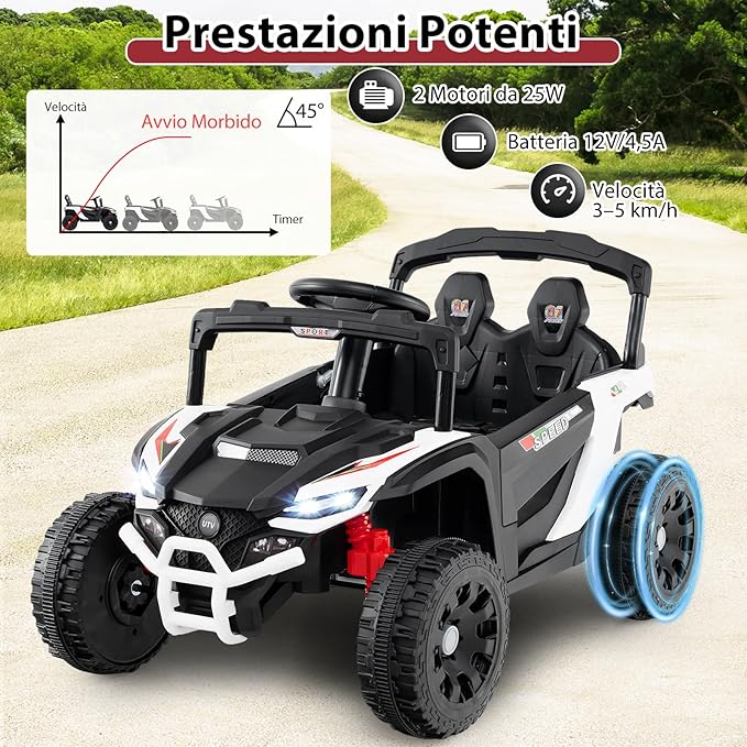 12V Macchina Elettrcia per Bambini, UTV Auto Elettrica con Telecomando, 3 Velocità, Luci LED, Musica, Clacson e Sospensioni a Molla, 3-5 km/h, Ideale per Bambini 3 Anni+ (Bianco)