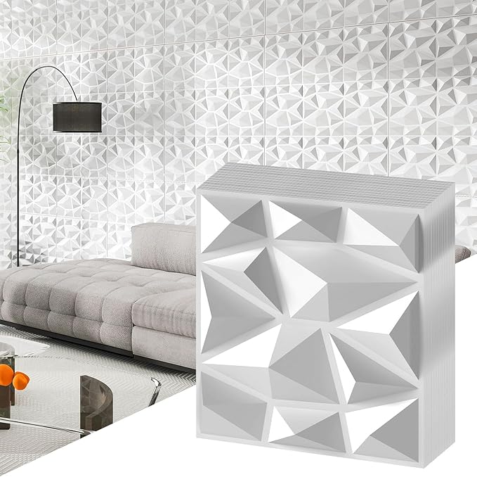 100 Pezzi 3D Pannelli Murali 30 x 30 cm, Pannello da Parete 3D Diamante, Decorazione Interna da Parete in PVC, 9 m², per Soggiorno Camera da Letto (9㎡,Bianco)