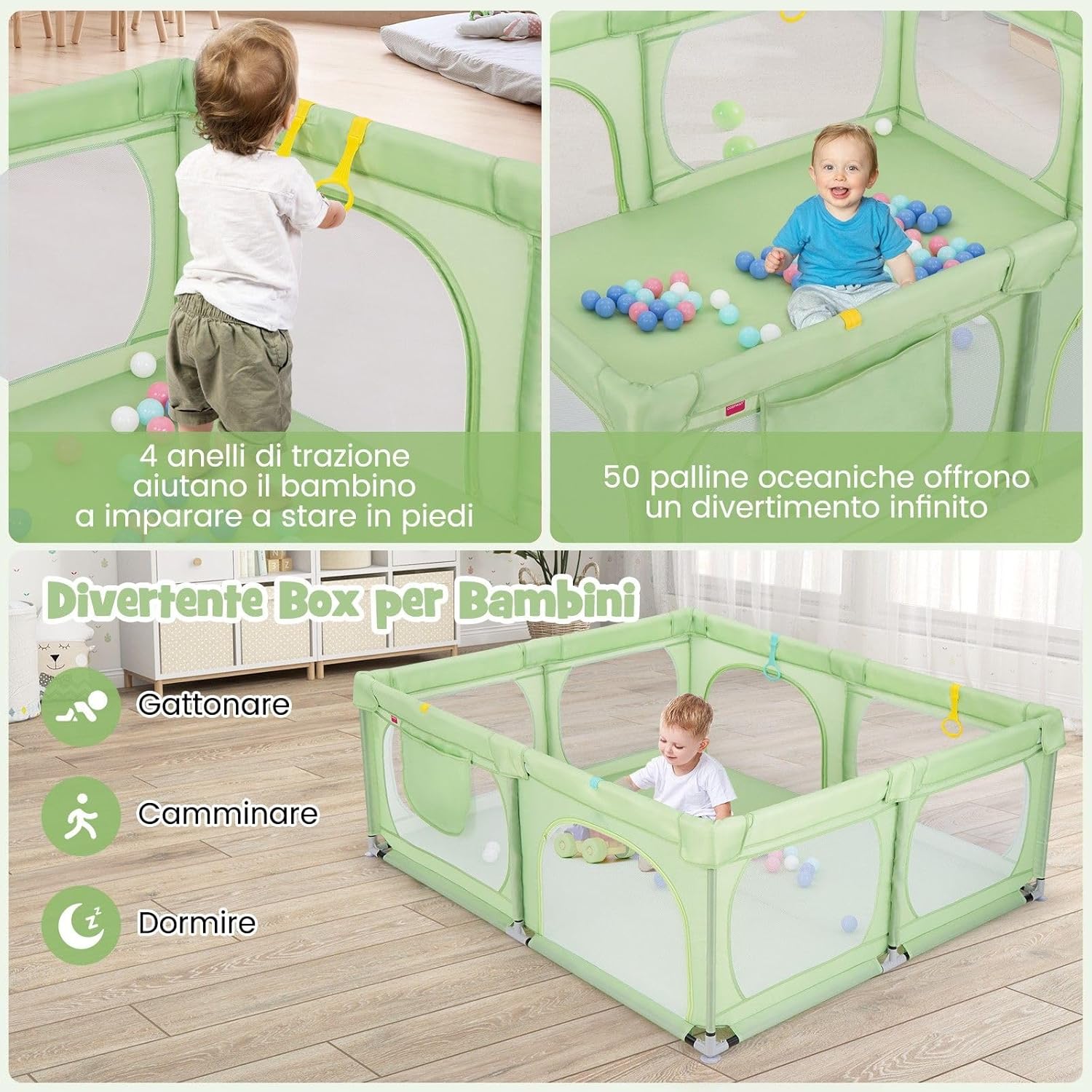 Recinto per Bambini, Box per Bambini con Rete Traspirante, Centro Attività per Bambini con 50 Palline, Box Giochi per Bambini 0-3 Anni (Verde, 189 x 158 cm)