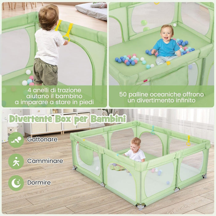 Recinto per Bambini, Box per Bambini con Rete Traspirante, Centro Attività per Bambini con 50 Palline, Box Giochi per Bambini 0-3 Anni (Verde, 189 x 158 cm)