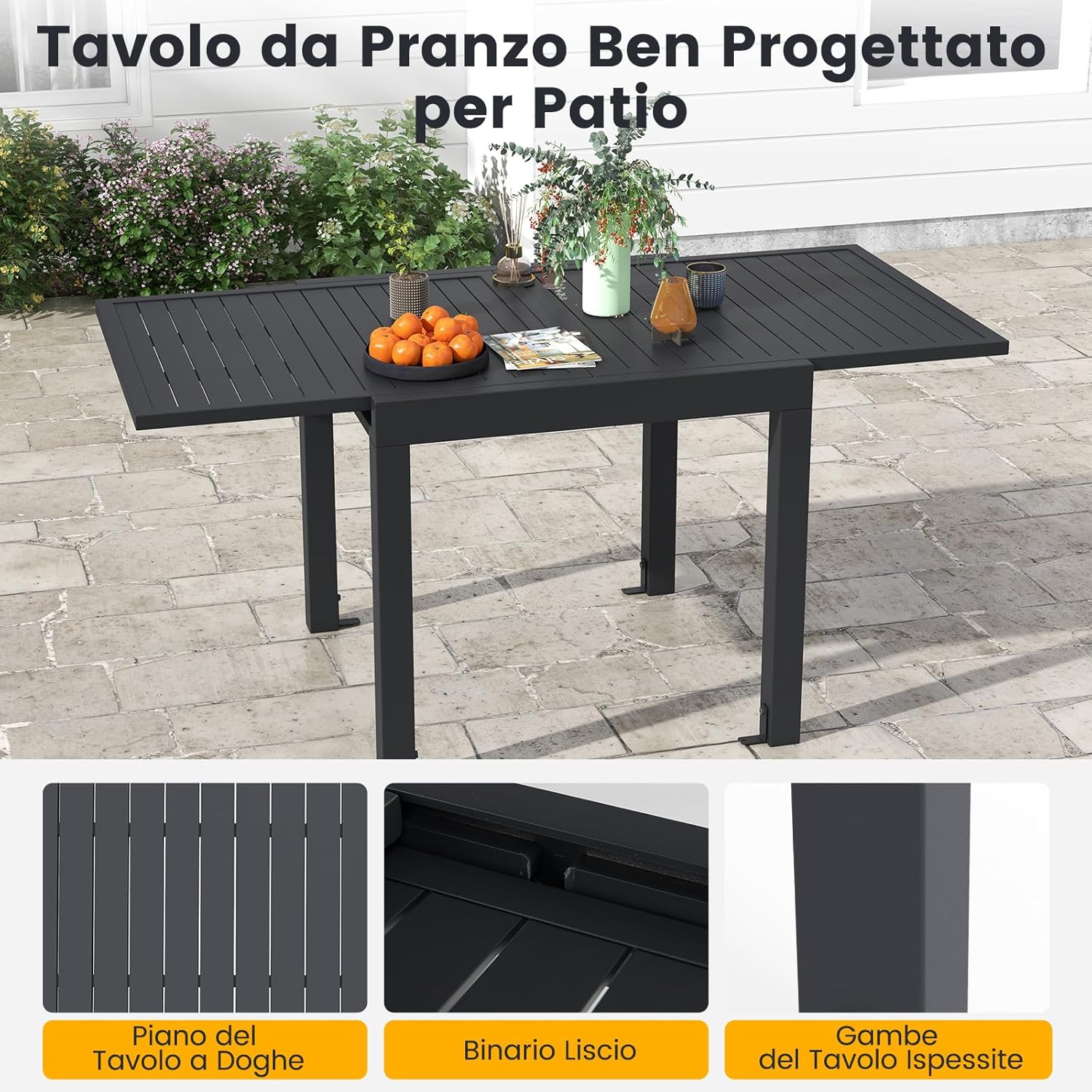 Tavolo da Pranzo Espandibile da Giardino, Tavolo Alluminio Estendibile 80/160 cm, Piano Tavolo a Doghe, Tavolo Quadrato Rettangolare per Cortile, Portata 160 kg, 80/160 x 80 x 75 cm