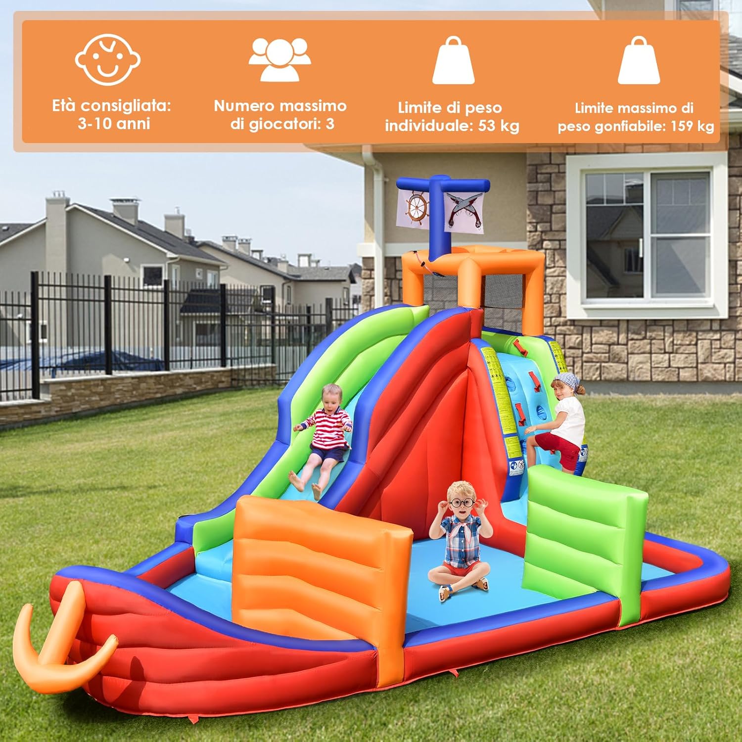 Castello Gonfiabile per Bambini 6 in 1, con Scivolo, Parete per Arrampicarsi, Piscina, Freccette, Gioco di Lancio, Pistole Acquatiche e Borsa, Ideale per 3 Bambini con Età 3-10 Anni