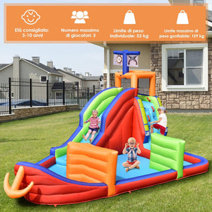Castello Gonfiabile per Bambini 6 in 1, con Scivolo, Parete per Arrampicarsi, Piscina, Freccette, Gioco di Lancio, Pistole Acquatiche e Borsa, Ideale per 3 Bambini con Età 3-10 Anni