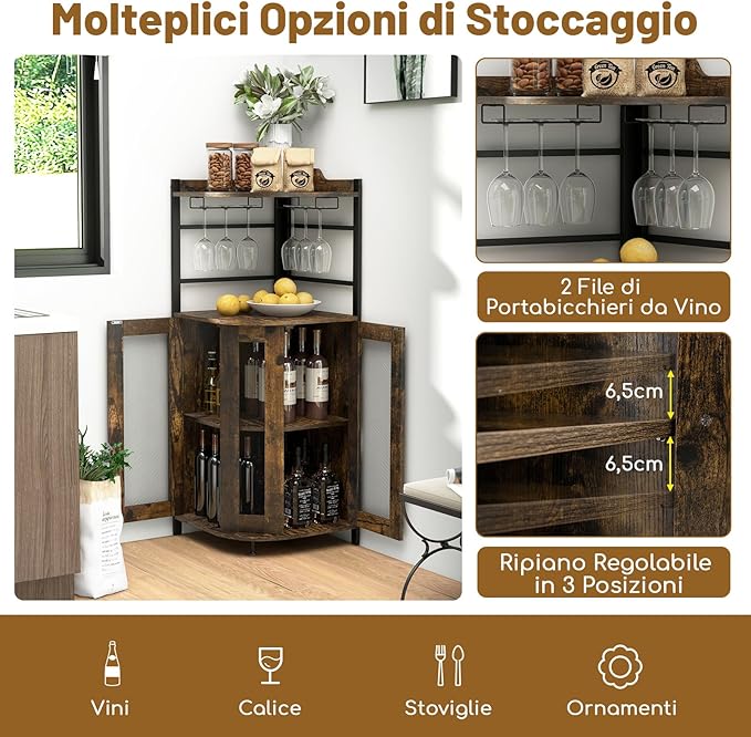 Mobile Bar Angolare, Mobiletto Multiuso con Porta Bicchieri, 2 Porte Ventilate in Rete Metallica e Ripiano Regolabile, per Cucina, Sala da Pranzo e Soggiorno (Marrone)