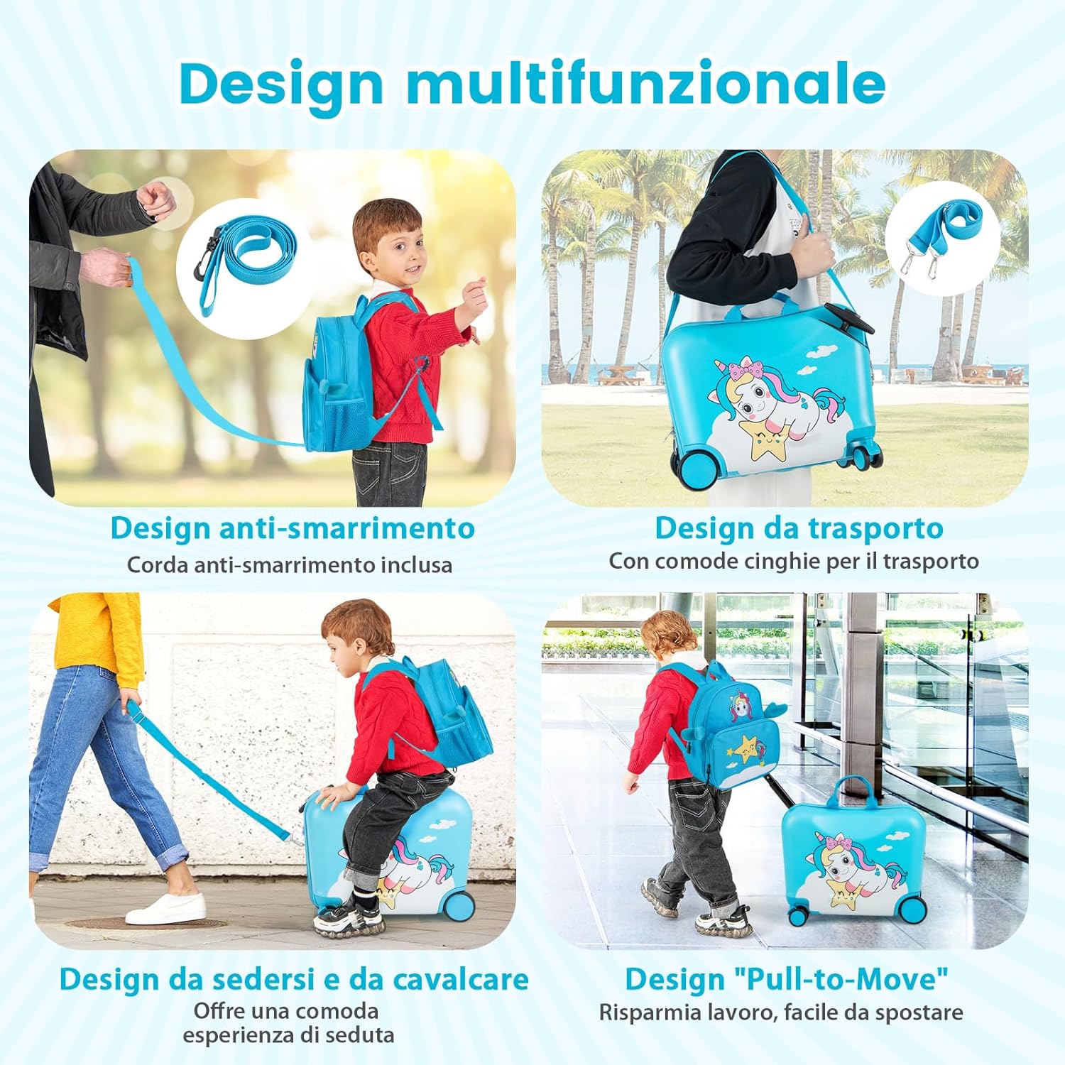 Valigia Cavalcabile per Bambini, 18" Valigia+ 12" Zaino,2 Pezzi, Trolley Bambini Bagaglio a Mano con Ruote Girevoli e Maniglia Retrattile, 2 Cingie Multiuso (Modello 2)