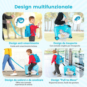 Valigia Cavalcabile per Bambini, 18" Valigia+ 12" Zaino,2 Pezzi, Trolley Bambini Bagaglio a Mano con Ruote Girevoli e Maniglia Retrattile, 2 Cingie Multiuso (Modello 2)