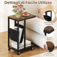 Tavolo per Computer, Tavolino Portatile a 3 Livelli con Tasca e Struttura in Metallo Resistente, Desk a Forma di C con Ruote per Camera da Letto, Balcone e Ufficio, 40 x 28 x 59 cm