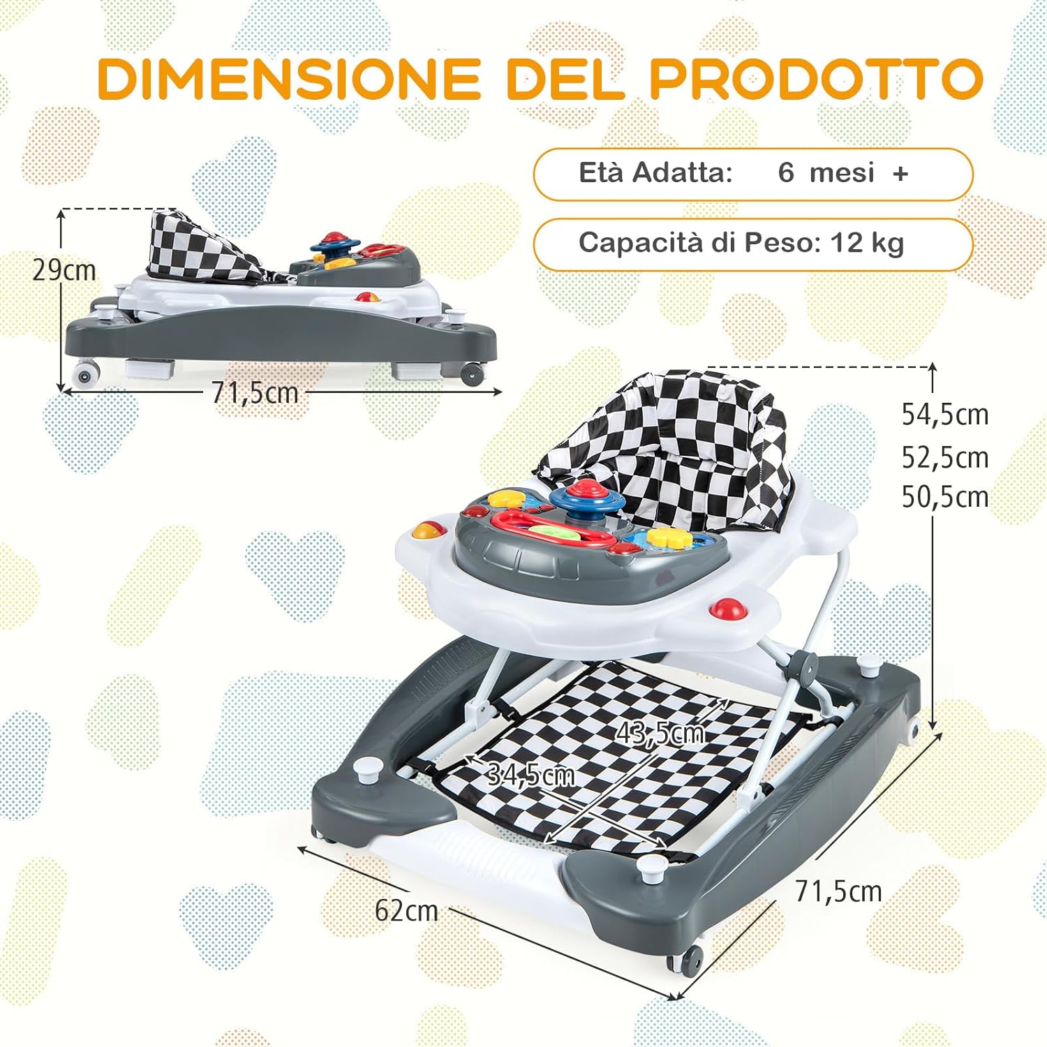 Girello per Bambini 6 in 1, Primi Passi per Neonati con Altezza Regolabile, Sedia a Dondolo per Bambini, Girello Pieghevole con Vassoio Musicale, Cuscino, per Bambini 6+ Mesi (Grigio)