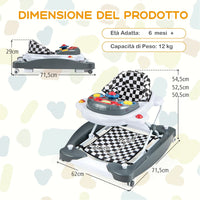 Girello per Bambini 6 in 1, Primi Passi per Neonati con Altezza Regolabile, Sedia a Dondolo per Bambini, Girello Pieghevole con Vassoio Musicale, Cuscino, per Bambini 6+ Mesi (Grigio)