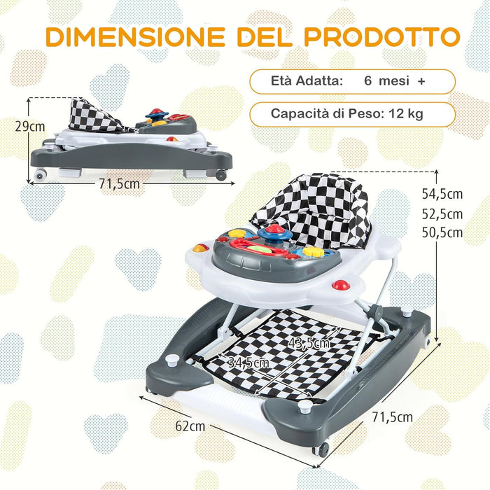 Girello per Bambini 6 in 1, Primi Passi per Neonati con Altezza Regolabile, Sedia a Dondolo per Bambini, Girello Pieghevole con Vassoio Musicale, Cuscino, per Bambini 6+ Mesi (Grigio)