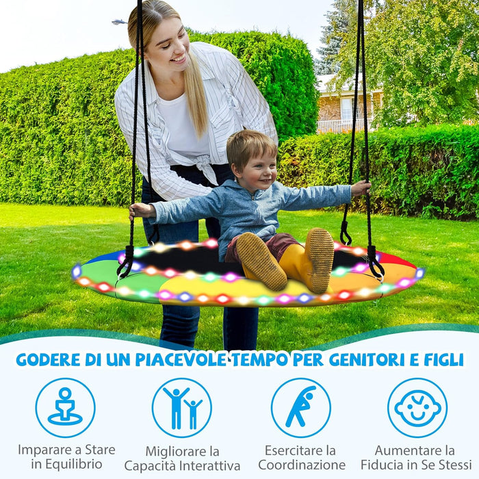 Altalena a Nido 100 cm per Bambini e Adulti, Altalena Rotonda con Luci LED Colorate e 2 Funi Regolabili, Capacità di Carico 300 kg da Giardino Esterno (Colorato)