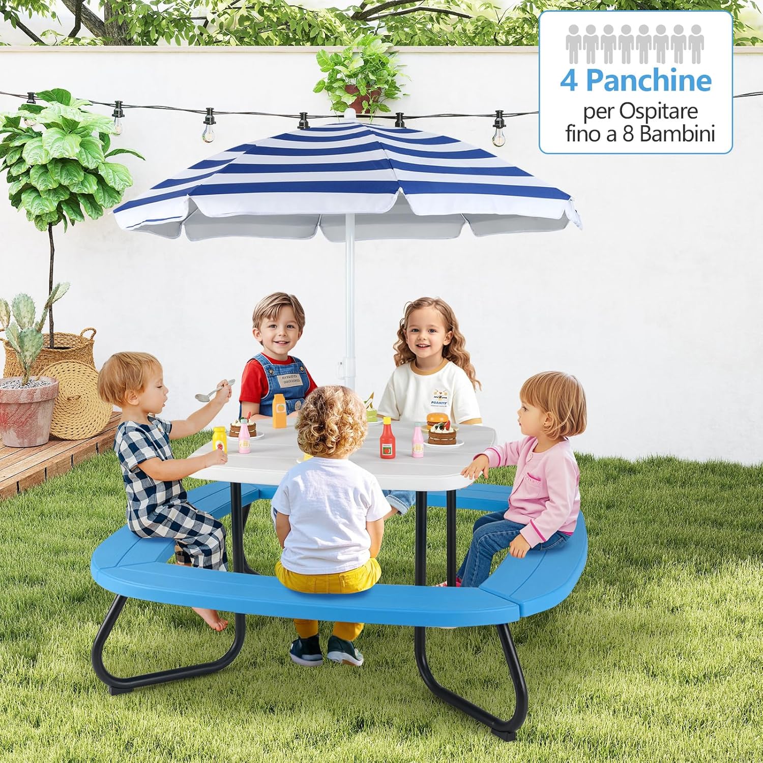 Tavolo da Picnic per Bambini con 8 Posti 125 × 125 × 100-160 cm, Tavolino Bambini in HDPE con Ombrellone Regolabile e Pieghevole, Struttura in Metallo e 4 Panchine (tavolo bianco)