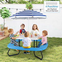 Tavolo da Picnic per Bambini con 8 Posti 125 × 125 × 100-160 cm, Tavolino Bambini in HDPE con Ombrellone Regolabile e Pieghevole, Struttura in Metallo e 4 Panchine (tavolo bianco)