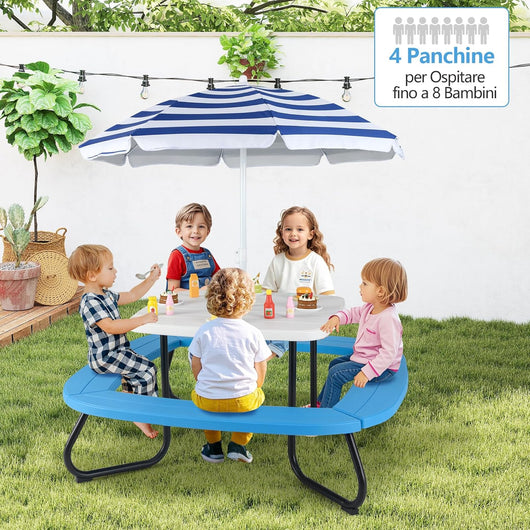 Tavolo da Picnic per Bambini con 8 Posti 125 × 125 × 100-160 cm, Tavolino Bambini in HDPE con Ombrellone Regolabile e Pieghevole, Struttura in Metallo e 4 Panchine (tavolo bianco)