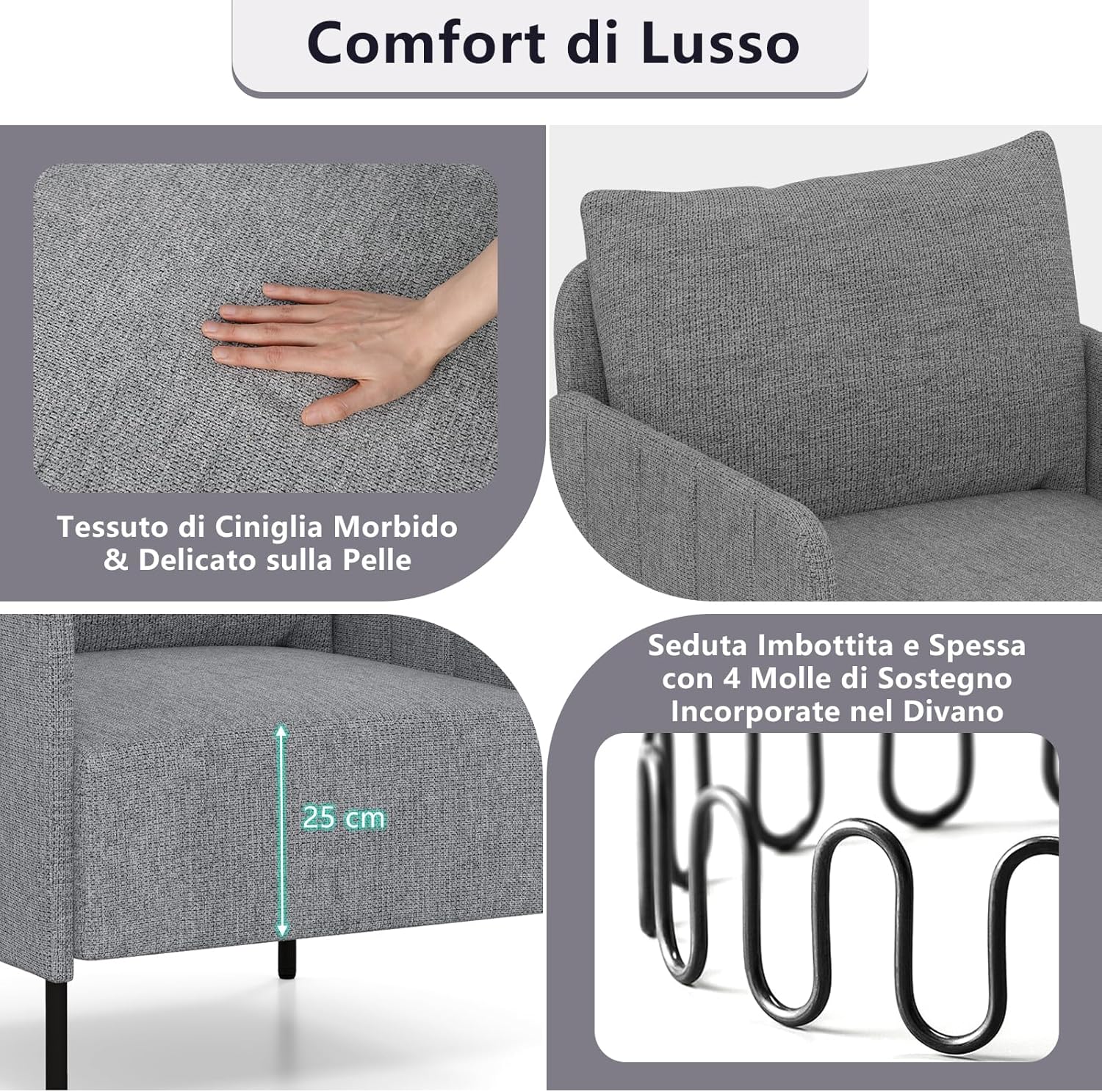 Poltrona Relax, Poltrona Singola in Chenille con Cuscino, Sedia da Soggiorno con Piedini Regolabili, Sedia Moderna per Camera da Letto, Studio, Portata 150 kg
