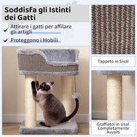 Albero per Gatti 38 x 38,5 x 51 cm, Torre per Gatti con Posatoio in Peluche, Pali Graffianti in Sisal e Palla Pendente, Centro Attività Moderno per Animali Domestici (Grigio)
