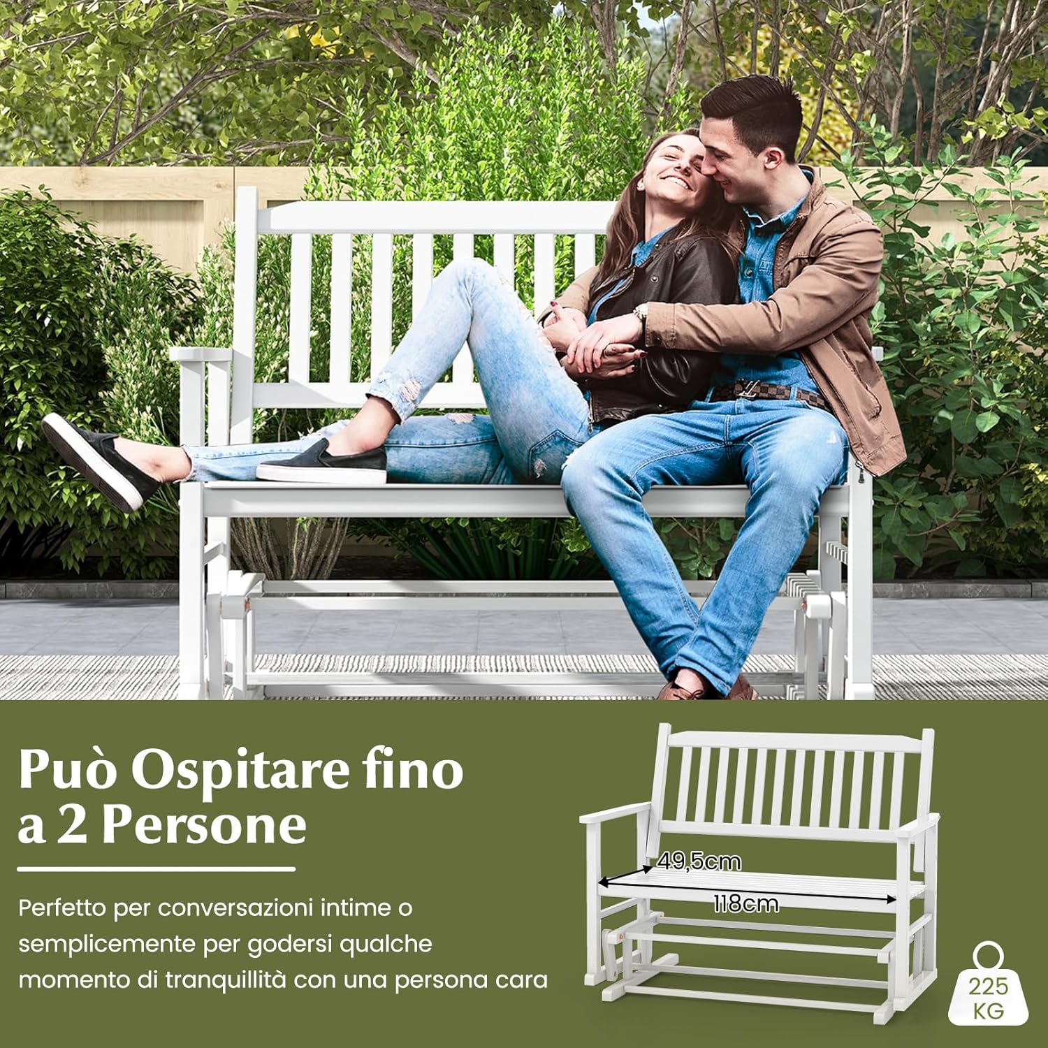 Panca a Dondolo a 2 Posti con Sicuro e Delicato Movimento Oscillante, Telaio in Legno Massello, Sedia a Dondolo per Giardino con CapacitÃ  di carico 225 kg, 126 x 68 x 100 cm, Bianco