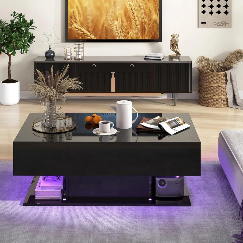 Tavolino da Caffè Moderno, Tavolino a 2 Piani con 20 Luci LED a Colori, 2 Cassetti Portaoggetti e Finitura Lucida, Tavolino Rettangolare per Salotto, Studio e Camera da Letto (Nero)