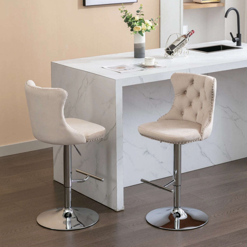 Sgabello da bar girevole in velluto con altezza regolabile e schienale imbottito, base cromata beige