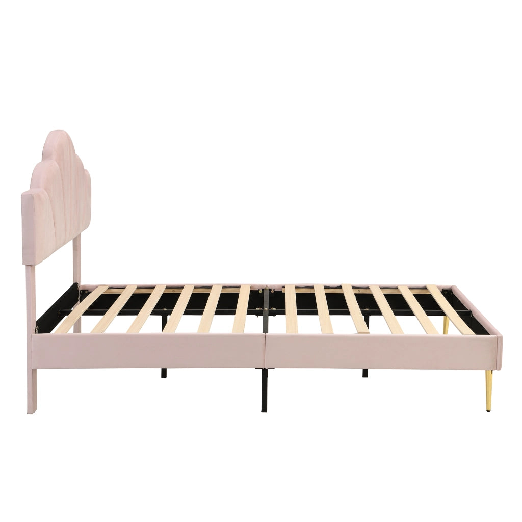 OKWISH Letto Imbottito 140×190 cm, Letto Matrimoniale con Testiera Regolabile e Piedini in Ferro Dorati, senza Materasso, Velluto Rosa
