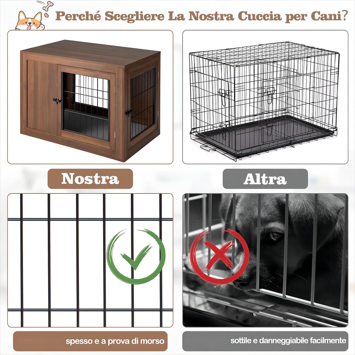Gabbia per Cani con Doppie Porte Bloccabili, Cuccia in Legno per Cani con Cusino e Rete Metallica Antimorso, Kennel per Cani di Piccola e Media Taglia, per Uso Interno, 92 x 59 x 66,5 cm