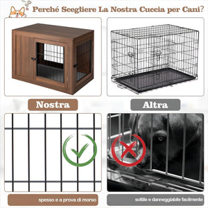 Gabbia per Cani con Doppie Porte Bloccabili, Cuccia in Legno per Cani con Cusino e Rete Metallica Antimorso, Kennel per Cani di Piccola e Media Taglia, per Uso Interno, 92 x 59 x 66,5 cm