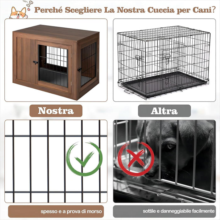 Gabbia per Cani con Doppie Porte Bloccabili, Cuccia in Legno per Cani con Cusino e Rete Metallica Antimorso, Kennel per Cani di Piccola e Media Taglia, per Uso Interno, 92 x 59 x 66,5 cm
