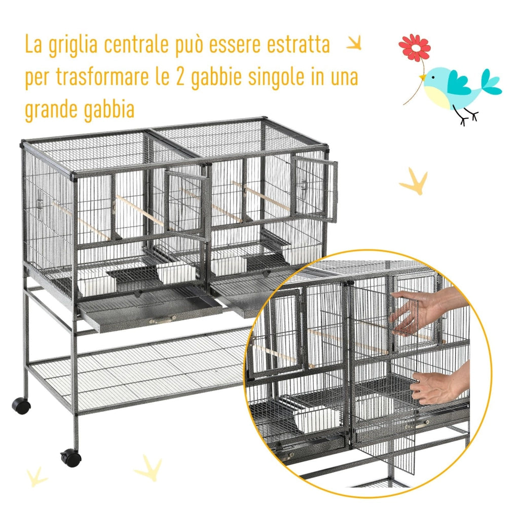 EasyComfort Doppia Gabbia per Uccelli in Metallo di Alta Qualità con Vassoi Estraibili, Supporto Stabile con 4 Ruote e Ripiano, 95x45.5x102cm, Nero Grigio