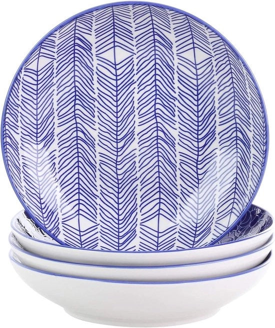 Set di Ciotole in Ceramica Bianca - Stile Giapponese - Servizio a Blu - 700ml - Ramen - Zuppa - Mescolare - Frutta - Noodles - Spuntini - 21 x 21 x 45 cm.