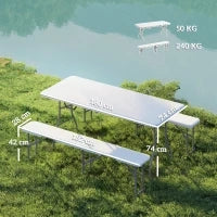 Set da Pic Nic Pieghevole a 3 Pezzi con Tavolo e 2 Panche in HDPE e Metallo, Bianco e Grigio Chiaro