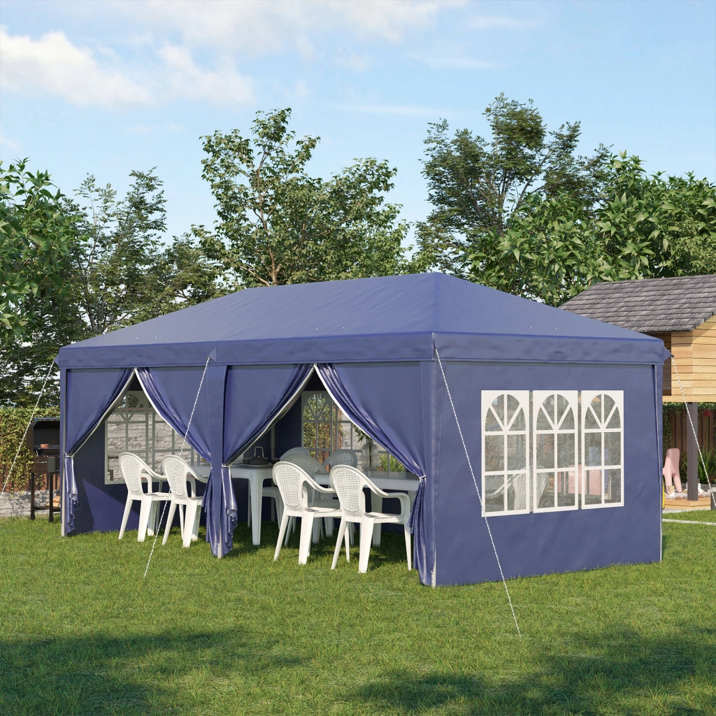 Gazebo 5.85x2.95m con protezione UV pareti laterali e finestre porte a cerniera solida acciaio robusto blu per giardini ed eventi