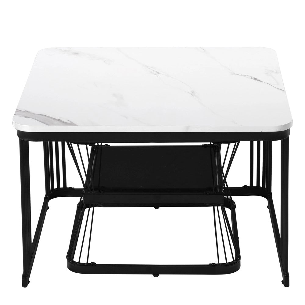 Set 2 Tavolini da Salotto ¨C Xylo ¨C MDF Effetto Marmo, Metallo Bianco Lucido e Nero