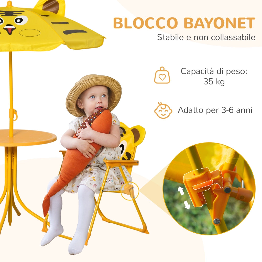 Set 4 Pezzi per Bambini Ombrellone Tavolo Rotondo e 2 Sedie in Acciaio e Tessuto Oxford Giallo