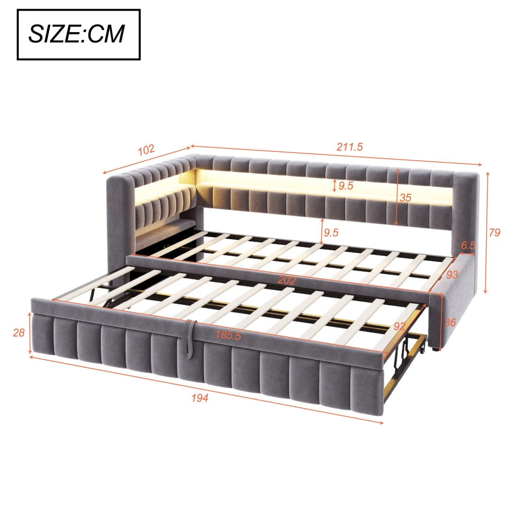 Divano letto estraibile 90x200 cm con LED, USB e vano portaoggetti