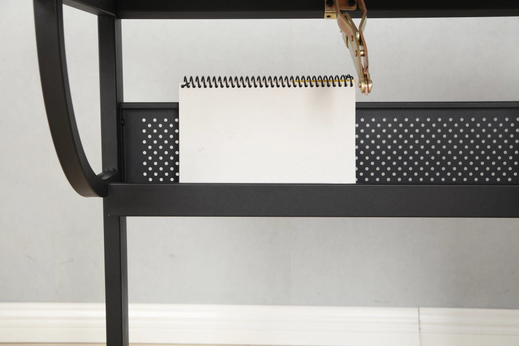Tavolo da disegno nero con sgabello e 3 cassetti; MDF e metallo; piano inclinabile 0-75°
