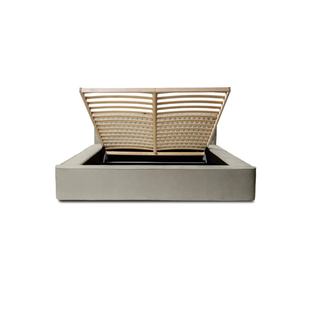 Letto contenitore VERNON – Tessuto bouclé di ciniglia color taupe fumé – 160x200 cm – Rete a doghe sollevabile – Design di alta gamma